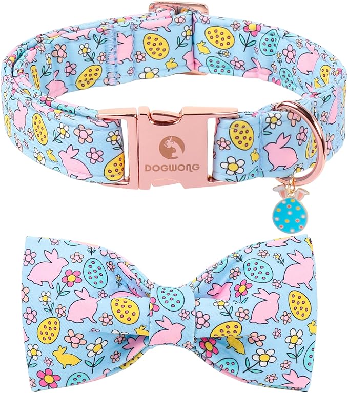 DOGWONG Easer Dog Collar with Bow,Blue Bunny Easter Dog Collars, Adjustable Durable Soft Flower Easter Dog Collar for Male Female Puppy,XS