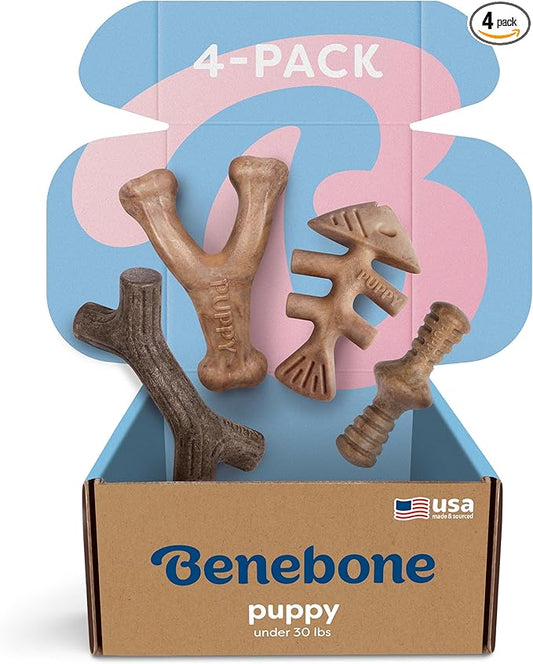 Benebone Puppy 4- Pack Durable Dog Chew Toys for Gentle Chewers, Made in USA, Small