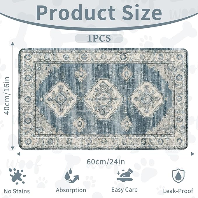 Pet Dog Cat Food Mat, Non Slip Bowl Mats for Food and Water, Absorbent Boho Dogs Cat Feeding Mat Puppy Pet Placemats for Floors Indoor Pets Accessories Supplies 16 * 24 inch, Retro Blue