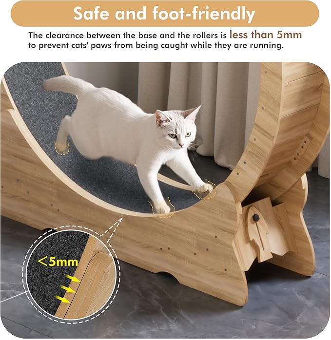 Mondeer Cat Exercise Wheel, 46'' Cat Wheel for Indoor Cats with Carpeted Runway, XL Treadmill with Removable Carpet and Teaser, for Running Walking Training (Natural Wood)