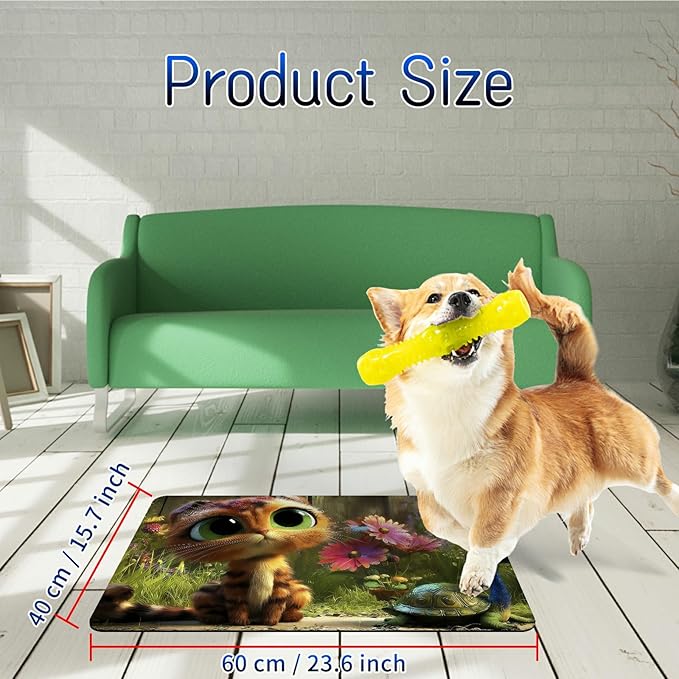 Dog Food Mat, 15.7" x 23.6" Absorbent Pet Feeding Mat for Food and Water, Waterproof Diatom Mud Pet Placemat with Non-Slip Rubber Backing, Cat Bowl Mat for Floors - Kitten Flower Forest