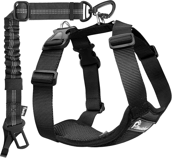 Pawaboo Dog Seat Belt Harness for Car, Dog Car Harness Seatbelt with Double Clips, Adjustable Breathable Pet Vest & Dogs Safety Tether with Elastic Bungee for Small Medium Large Pet, L, Black