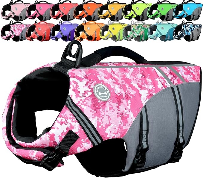VIVAGLORY Sports Style Dog Life Vest, Dog Life Jacket for Swimming & Boating, Ripstop & Buoyancy for Puppy Doggy, Lifejacket with Handle, M, Camo Pink