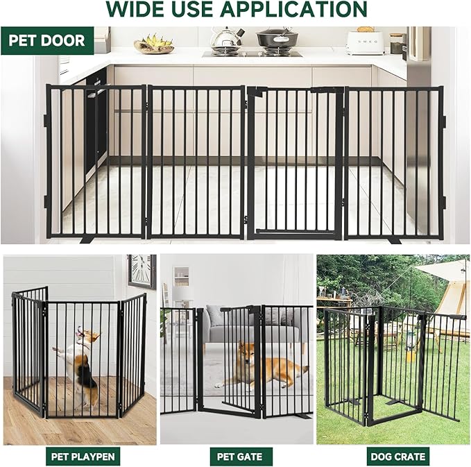 Snagle Paw Metal Freestanding Dog Gate with Door,80” W x 36” H Dog Fence with Support Feet for Doorways, Stairs and Hallways, Portable Pet Gate for Indoor Use (4 Panel, Black)