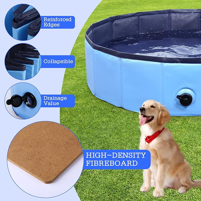 Eooqi Foldable Dog Pool, Portable Pet Bath Tub and Kiddie Swimming Pool, Collapsible Bathtub for Puppies, Small, Medium and Large Dogs, Cats and Kids, 32 x 8 in, Blue