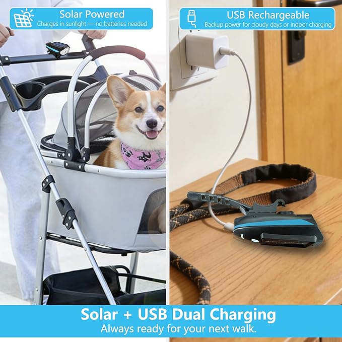 Pet Stroller Light, Solar Powered LED Light for Dog Stroller, Cat Stroller, Wagon – 3 Modes (S/H/F) with Safety Horn, USB Rechargeable, IPX4 Waterproof, Wrap & Hook Strap for Easy Attachment