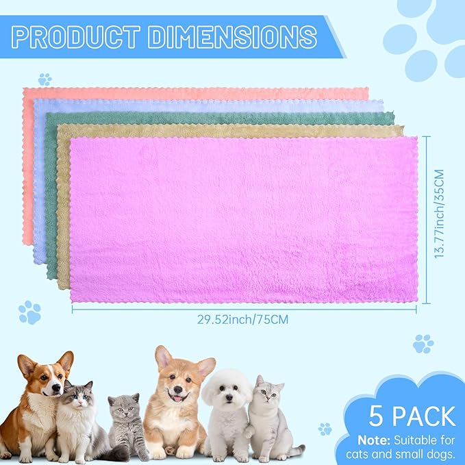 DuckSky 5Pcs 29.5 x 13.77'' Cat Towels Microfiber Pack Bulk, Quick Drying Absorbent Pet Puppy Towels for Pet Kitten Grooming，Hair Drying Small Puppy Dog，Bathing Shower