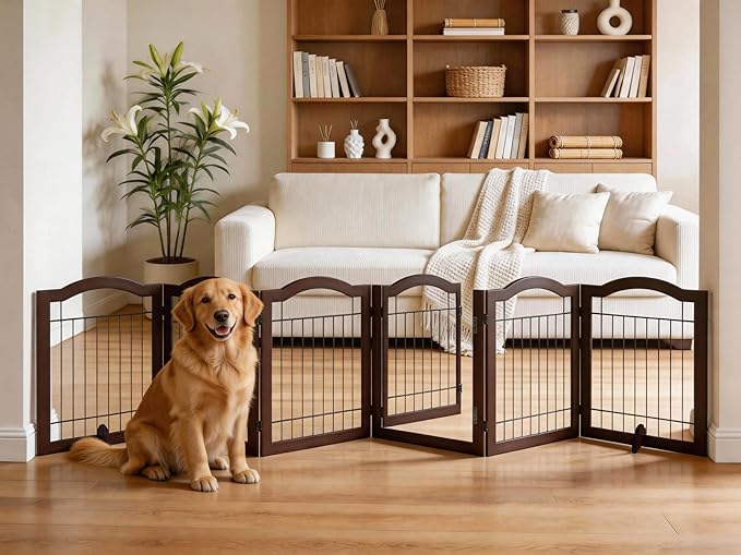 Vantas Espresso Wooden Folding Dog Gate 144" Wide x 30" Tall with Door, Freestanding Pet Gate, Pet Puppy Safety Fence