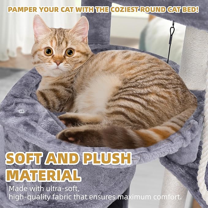 3-Tier Cat Tree with 2 Hammocks & Condo, Grey | Multi-Level Indoor Cat Tower with Natural Sisal Scratching Posts, Rope Ladder, Replaceable Hanging Balls | Sturdy Cat Furniture for Kittens & Adult Cats