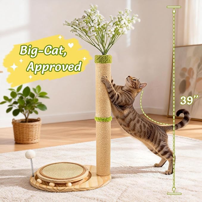 Cute Babys Breath Flower Cat Scratching Post, 39" Tall Cat Scratcher, Interactive Cat Toys with Ball Track & Spring Ball, Cat Scratch Post with Pad for Indoor Cats Adults and Kittens