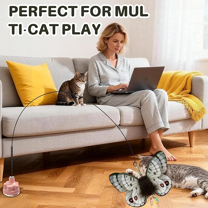 Walfront Cat Toys Interactive Teaser Wand, Butterfly Attachment with Pink Petal Suction Cup Base, Realistic Butterfly & Feather for Independent Play or Interactive Bonding with Cats & Kittens