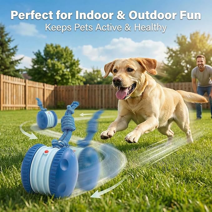 Interactive Cat Dog Toy Funny Automatic Moving Rolling Dog Toys with Rope for Small Medium Large Dogs Cats Rechargeable Puppy Toys Pet Ball to Keep Them Busy (Blue)