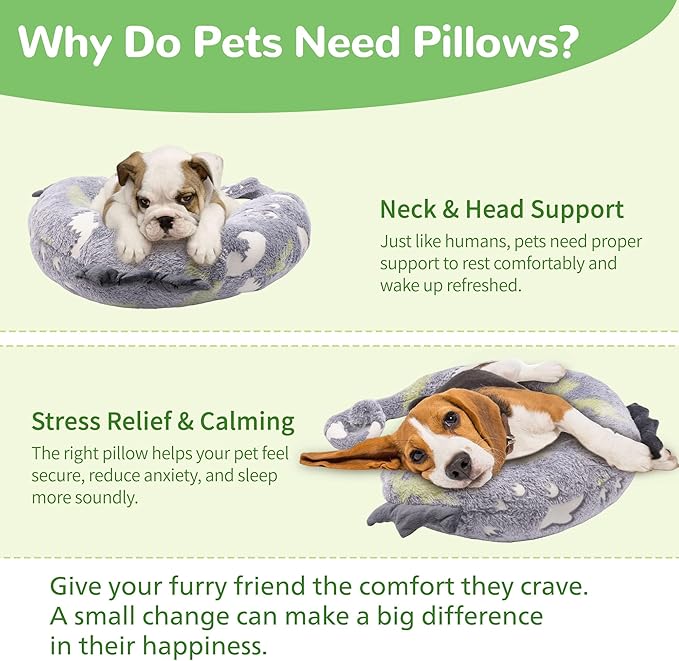 Dog Calming Pillow - Cute Soft Animal Pillow for Dogs, Cats, Kids, Adults, Washable Cozy Relaxing Pet Bed Pillow, Glow in The Dark Dog Neck Pillow (Grey, Large)