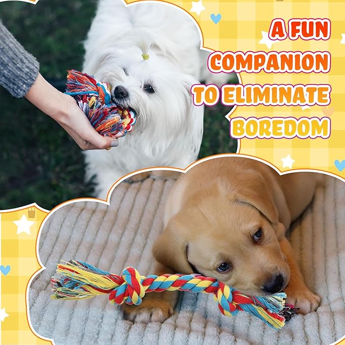 RoundFunny 100 Pcs Knot Rope Dog Toys Multi Color Puppy Chew Toy Cotton Puppy Dental Teething Toys 2 Knot Dog Tug for Small and Medium Dogs Aggressive Chewers Supplies