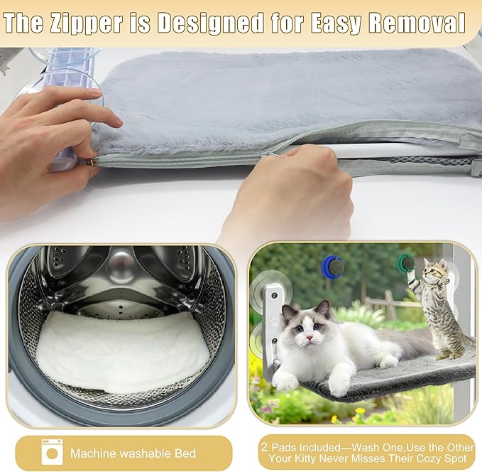 Cat Window Perch Hammock - Foldable Cordless with 4 Suction Cups for Indoor Cats, Space Saving Design,Reversible Cover with Two Different Kinds of Fabrics,40Lbs Load Capacity (52CM)