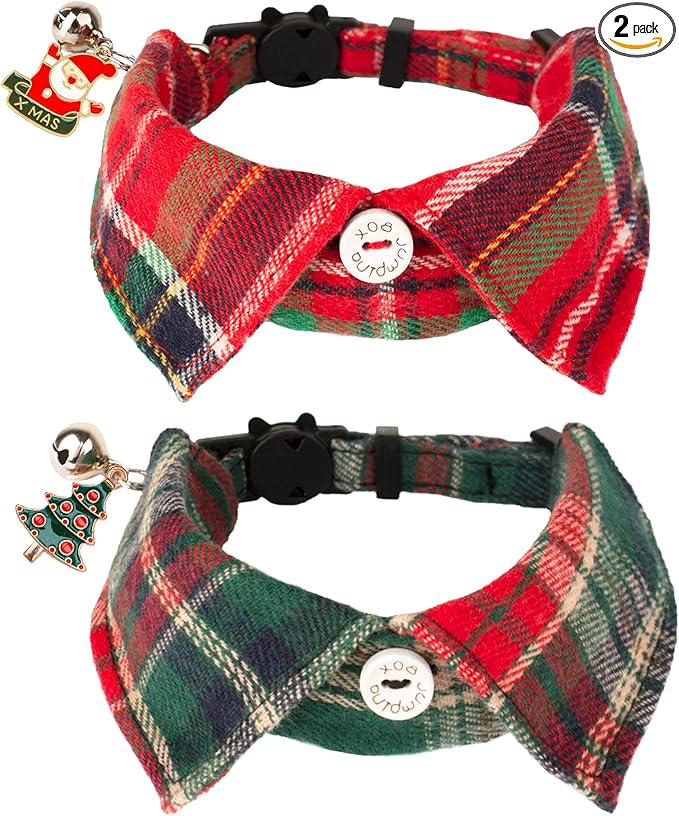 ADOGGYGO Christmas Cat Collars Breakaway with Bow Bell, 2 Pack Stylish Red Green Plaid Xmas Kitten Collar with Removable Shirt Collar, Plaid Christmas Collars for Cats Kittens