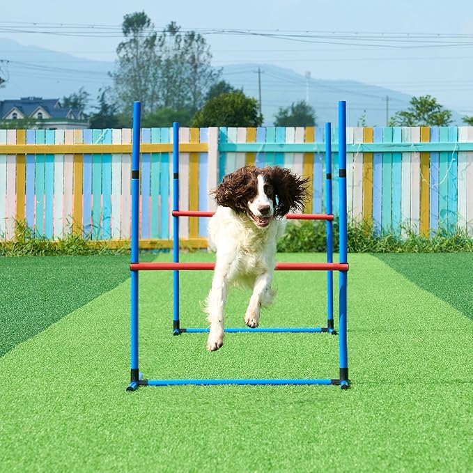 VEVOR Dog Agility Training Equipment, 13pcs Dog Agility Course Backyard Set, 2 Tunnels with Sandbags,Adjustable Hurdles,Weave Poles,Jump Ring,Pause Box, Puppy Obstacle Course Kit with Storage Bag