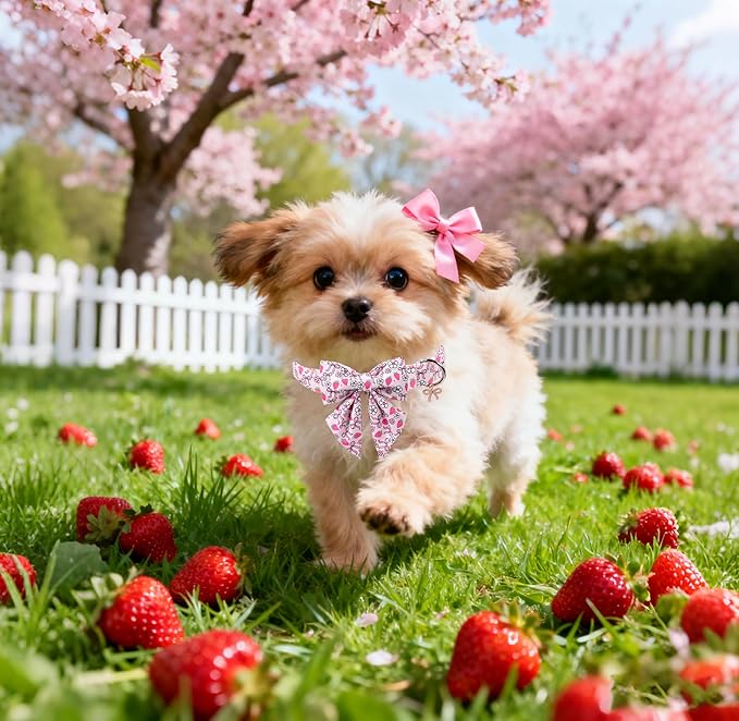 Lionet Paws Strawberry Floral Dog Collar with Sailor Bow, Spring Pink Bow Dog Collars Bow Tie for Dogs, Small, Neck 10-16 inches