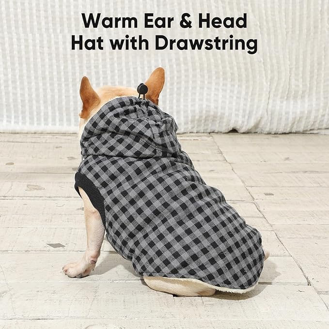 Vecomfy Fleece Lining Dog Hoodie for Medium Dogs Extra Warm Plaid Sweater with Drawstring Hooded Coats in Winter Doggie Jacket,Black L