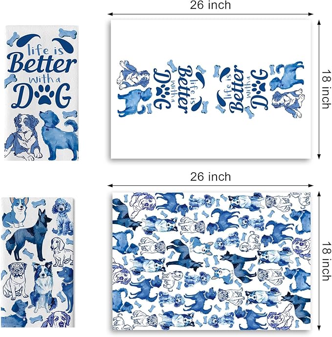 Life is Better with Dog Kitchen Dish Towels Set of 2, Blue German Shepherd Corgi Drying Hand Towel Baking Cooking Cloth, Funny Bathroom Home Decoration Pet Dog Owner Lover Gift 18'' x 26''