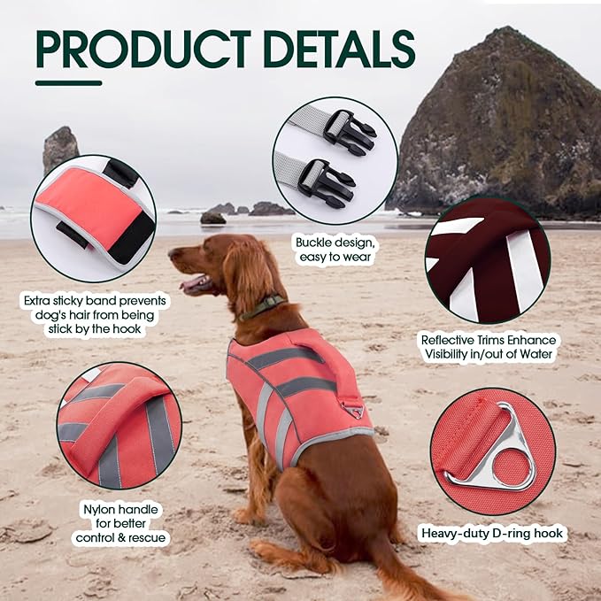 Kuoser Dog Life Jacket with Reflective Stripes, Dog Life Vest for Swimming Boating, Adjustable Pet Lifejackets with High Flotation, Doggie Swimsuit for Small Medium Large Dogs
