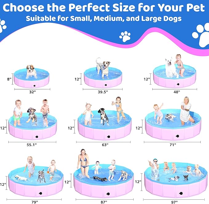 CACSPS 2025 Updated Foldable Dog Pool, 63" x 12" Kiddie Pool with Hard Plastic, Non-Slip Dog Bath Tub for Outdoor Backyard, Collapsible Dog Swimming Pool for Kids Dogs Pets (Pink)