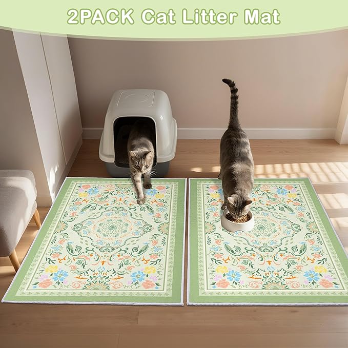Washable Cat Litter Mat 48"x36" 2Pack with Non-Slip Bottom Waterproof Litter Box Mat Easy to Clean Litter Trapping Mat for Kitty