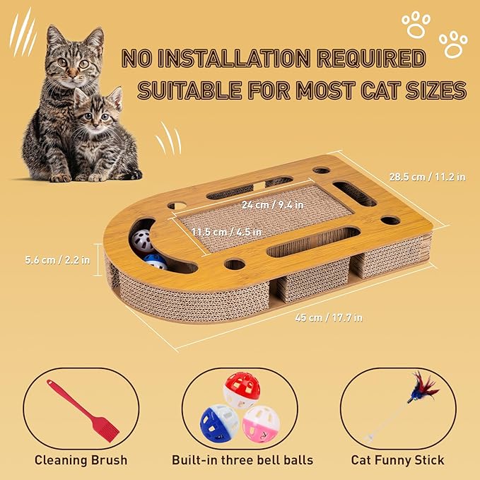 OHMU Interactive Cat Puzzle Box, Cat Nail File Toy, Wooden Enrichment Scratch Board for Indoor Cats with Bell Balls & Wand, No Assembly