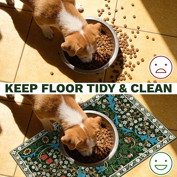 Pet Dog Cat Food Mat, Absorbent Dog Bowl Mat for Food and Water, Quick Dry Placemats Feeding Mats with Non Slip Rubber for Floors Indoor Puppy Pet Accessories Supplies 16 * 24 inch, Dark Flowers