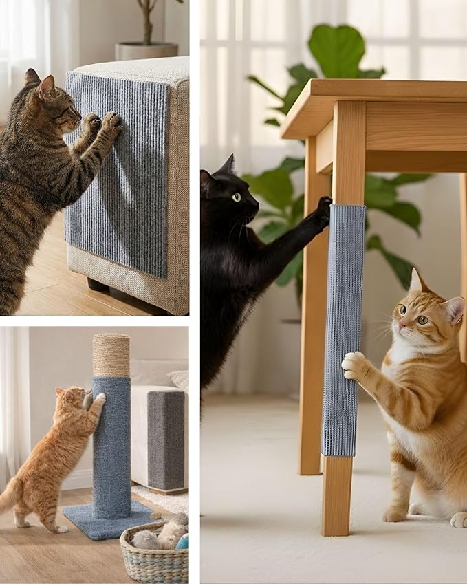 Corner & Wall Cat Scratch Mat, Self-Adhesive Trimmable Cat Scratcher, Wall Mounted Scratching Pad for Indoor Cats, Sofa Furniture Protector, Cat Post Cover Replacement (Grey, 23.6''x11.8'', 3-Pack)