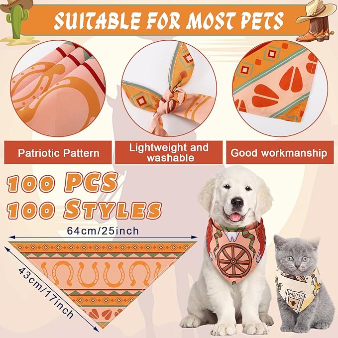 Huhumy 100 Pcs Cowboy Dog Bandanas Bulk Pet Bibs Colorful Triangle Scarf Western Pet Bandanas for Medium Large Dogs Western Cowboy Halloween Party Costume Decor