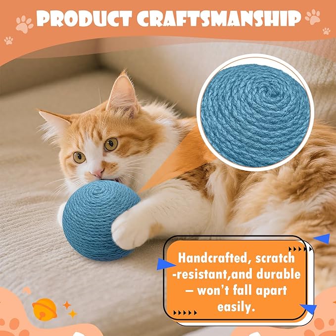 3.94 inch Sisal Cat Ball Toy, Interactive Natural Cat Scratching Ball, Perfect Scratcher for Cats' Exercise and Fun (Blue)