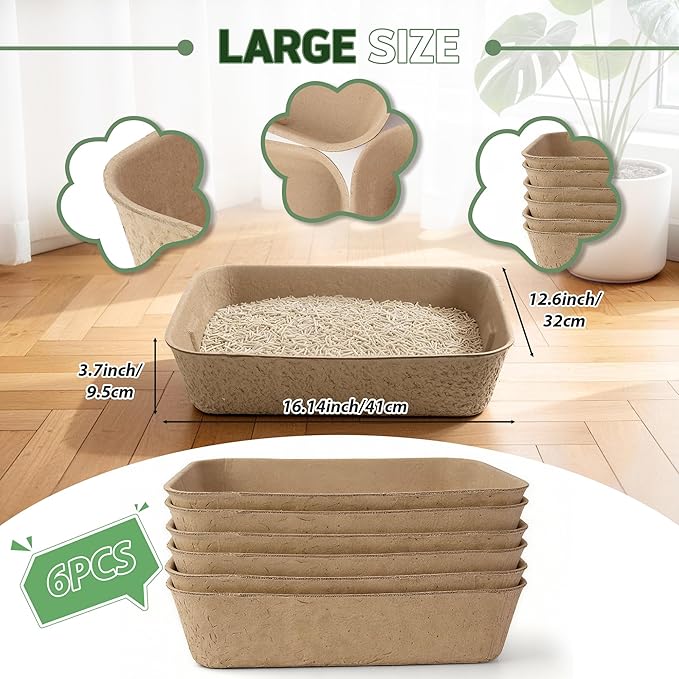 Disposable Litter Boxes for Cats 6-Pack Extra Thick & Sturdy Box Eco-Friendly Cat Travel Cardboard Portable Kitty Litterbox Jumbo Litter Pans for Kitten Leakproof Sustainable for Indoor Outdoor Use