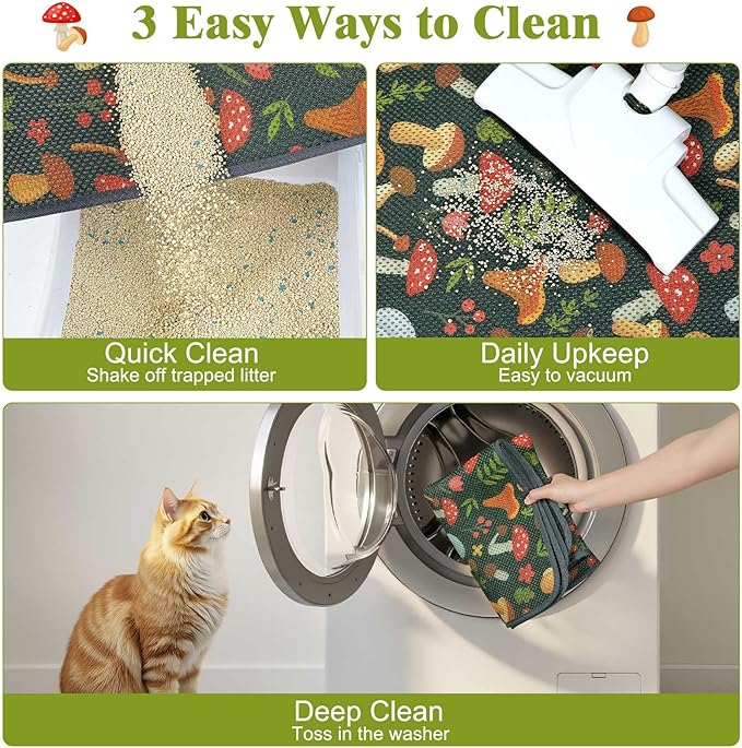 Unicorn Catcher 47X35in Cat Litter Mat Machine Washable Soft 3D Air Mesh Litter Box Rug Non-Slip Backing Quick Dry Scatter Control for Paws,Green Mushrooms