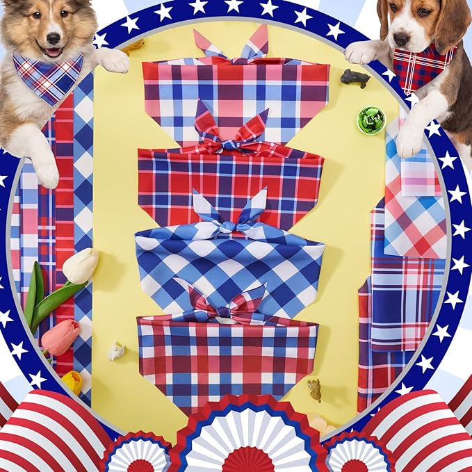 Abbylike 50 Pcs Patriotic Plaid Dog Bandanas Bulk 4th of July Bandanas for Dogs Triangle Kerchief Bib Scarf Set for Pet Independence Day 250th Anniversary Party Costume, 25 Styles(25.6 x 17.7 x 17.7)