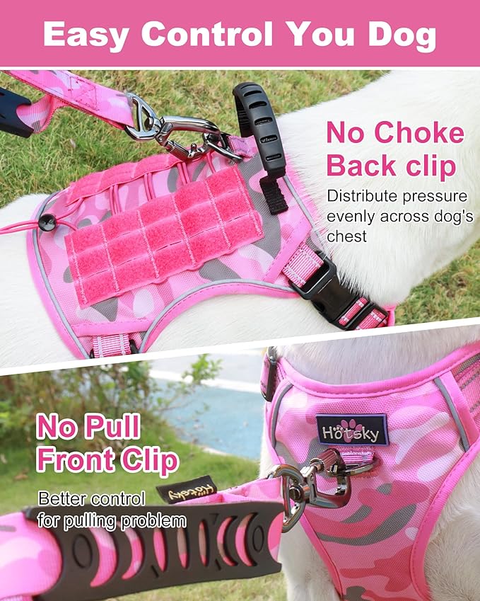 Hotsky Tactical Dog Harness No Pull，Adjustable Service Dog Vest Reflective Military Pet Harness with Control Handle Molle Loop Panels for Training Walking Running(Pink Camo, L)