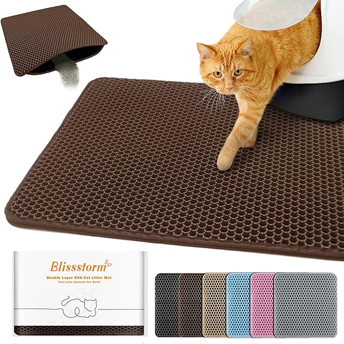 Waterproof Cat Litter Mat, Double Layer EVA, Odor-Free Large Grid, Urine Proof, Easy Cleanup (Brown, 22 x 30)
