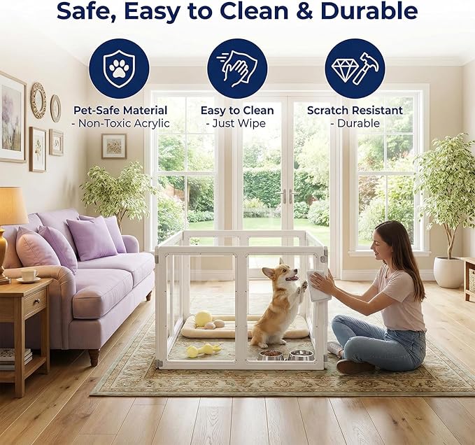 Clear Acrylic Dog Playpen with Door, Transparent Puppy Playpen for Small and Medium Puppies, Easy Assemble Pet Fence Indoor with Safety Lock (White, 35 x 35 x 22.4 Inch)