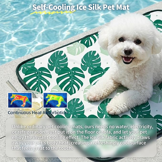 NWK Pack of 4 Pet Cooling Mat -Q-Max>0.345 Ice Silk Cooling Mat for Dogs & Cats Portable & Washable Pet Cooling Blanket, Car Seats, Beds for Summer (4pcs, Green Leaf, 27'' X 20'' X 0.3'')