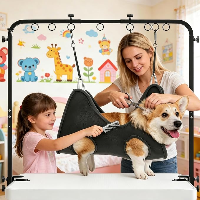 Dog Grooming Table Arm with Hammock 42'' Height, 27''39'' Width, Clamp Fits up to 2.76'', with Hammock & 2 Nooses Portable Pet Grooming Station for Nail Trimming, Cats & Dogs at Home