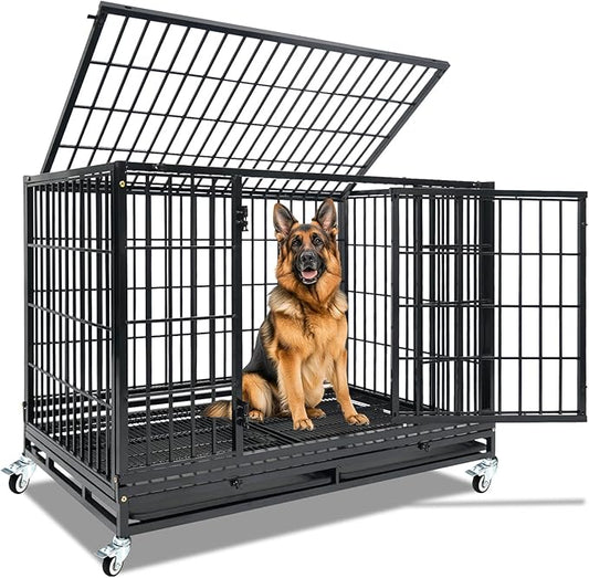 Homey Pet Heavy Duty Dog Crate for Large Dogs, 47 Inch Stackable Large Dog Cage with 4 Wheels, 2 Removable Trays and Grids, Multi Locks Strong & Solid Escape Proof Dog Kennel Indoor