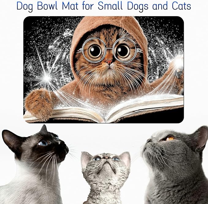 Dog Food Mat, 15.7" x 23.6" Absorbent Pet Feeding Mat for Food and Water, Waterproof Diatom Mud Pet Placemat with Non-Slip Rubber Backing, Easy Clean Cat Bowl Mat for Floors - Cute Cat Books