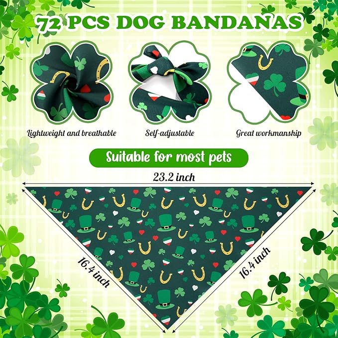 Sanwuta 72 Pcs St Patricks Day Dog Bandana Bulk Washable Puppy Triangle Scarfs Irish Cat Bandanas Adjustable Soft Shamrocks Pet Triangle Bibs Accessories for Small Medium Dogs Cats Pets Costume