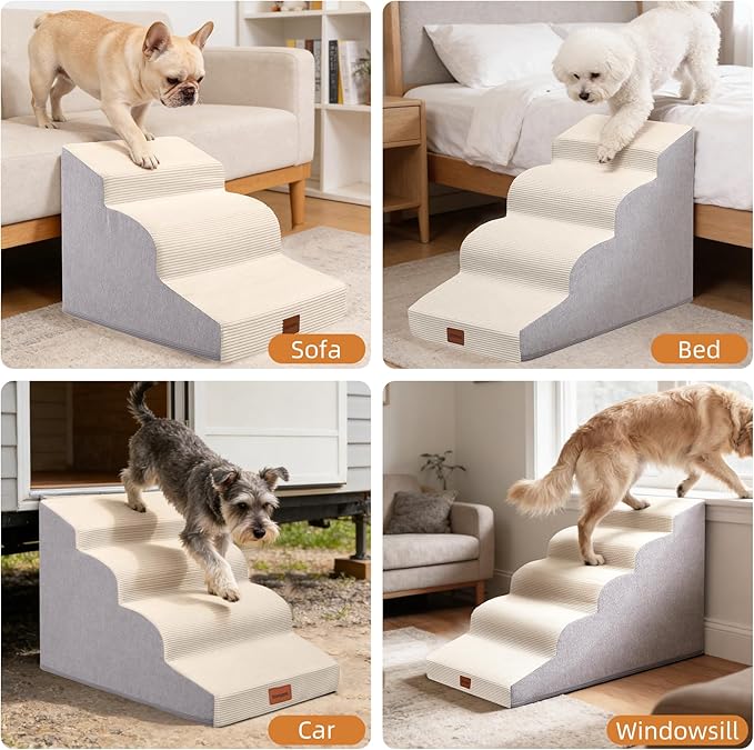 Dog Stairs for Small Dogs and Cats, 22.6" H, 5-Step Curved Pet Ramp for High Bed, Non-Slip Medium Pet Steps with High Density Foam, Beige
