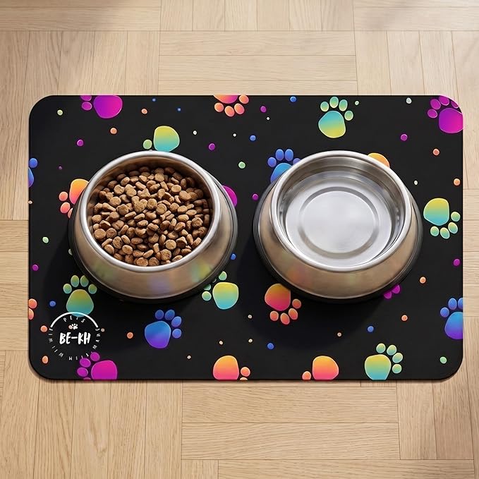BE-KH Absorbent Pet Feeding Mat for Dogs & Cats, Quick Dry Dog Bowl Mat for Food and Water, Ultra-Thin, Non-Slip Rubber & Polyester, Waterproof & Machine Washable, Galaxy Paws, 24x16 in (60x40 cm)