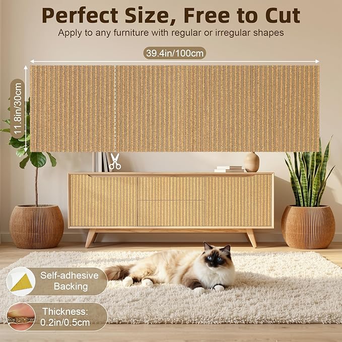 Cat Scratch Mat, 39.4 * 11.8IN Cork Cat Scratch Pad, Adhesive Scratching Couch Furniture Protector, DIY Scratching Pad, Corrugated Paper Scratcher from Claws for Indoor, Brown