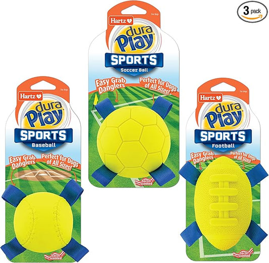 Hartz Dura Play Sports Ball Variety Dog Toy, Bacon Scented Squeaky Latex Yellow & Blue Toy, 3 Count
