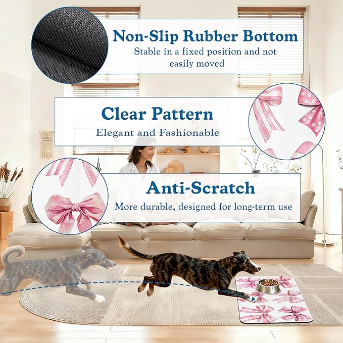 Pink Bows Dog Cat Food Mat–Absorbent Waterproof Placemat for Food and Water Bowls, Non Slip Rubber Backing, Feeding Mat for Clean Floors 12"x20"