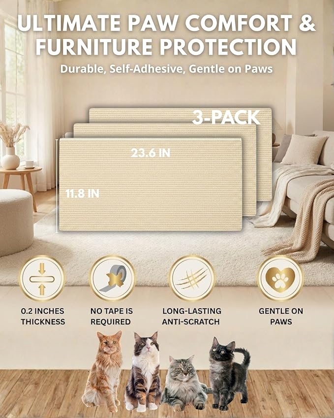 Corner & Wall Cat Scratch Mat, Self-Adhesive Trimmable Cat Scratcher, Wall Mounted Scratching Pad for Indoor Cats, Sofa Furniture Protector, Cat Post Cover Replacement (Beige, 23.6''x11.8'', 3-Pack)