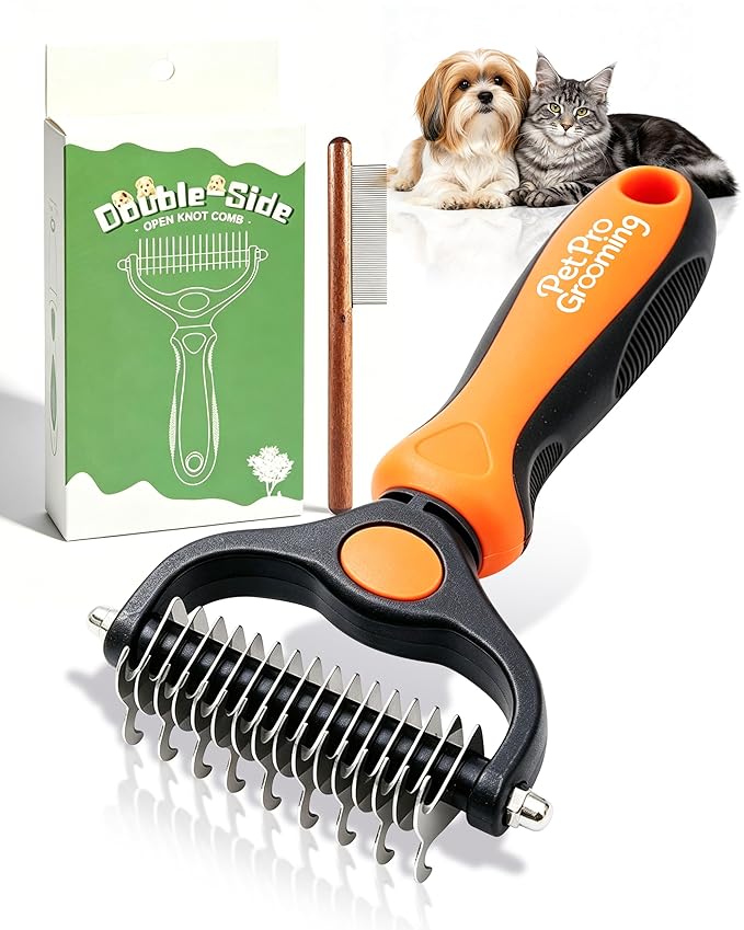 Pet Pro Grooming Tool, Dematting Comb for Dogs and Cats, Deshedding Dog Brush, Undercoat Rake for Dogs, Removes Tangles Knots and Loose Fur, Grooming Tool for Thick Coats (Orange)